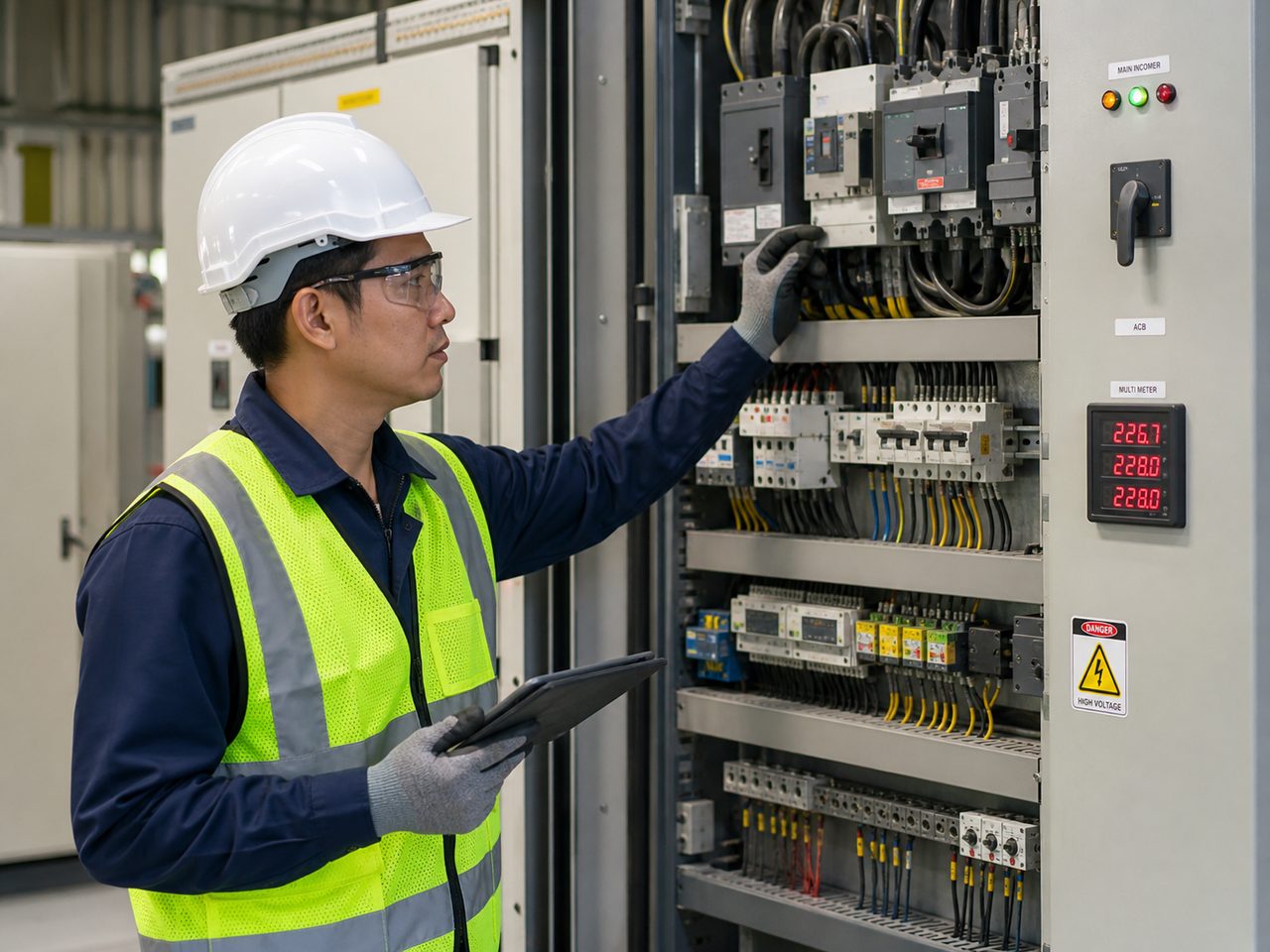 Ingeniero supervisando tablero de media tensión